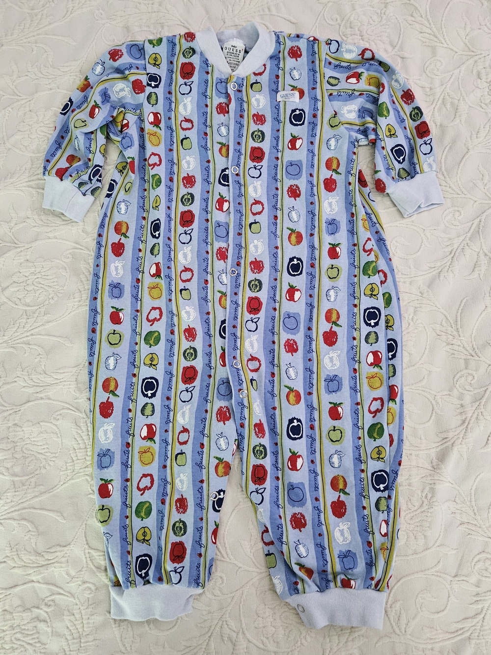 Vintage Baby Guess Blue Apple Stripe Kids One-Piece
